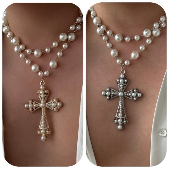 NWT Pearl 2 Pieces Choker  and Cross Pendant Necklace - Picture 2 of 11